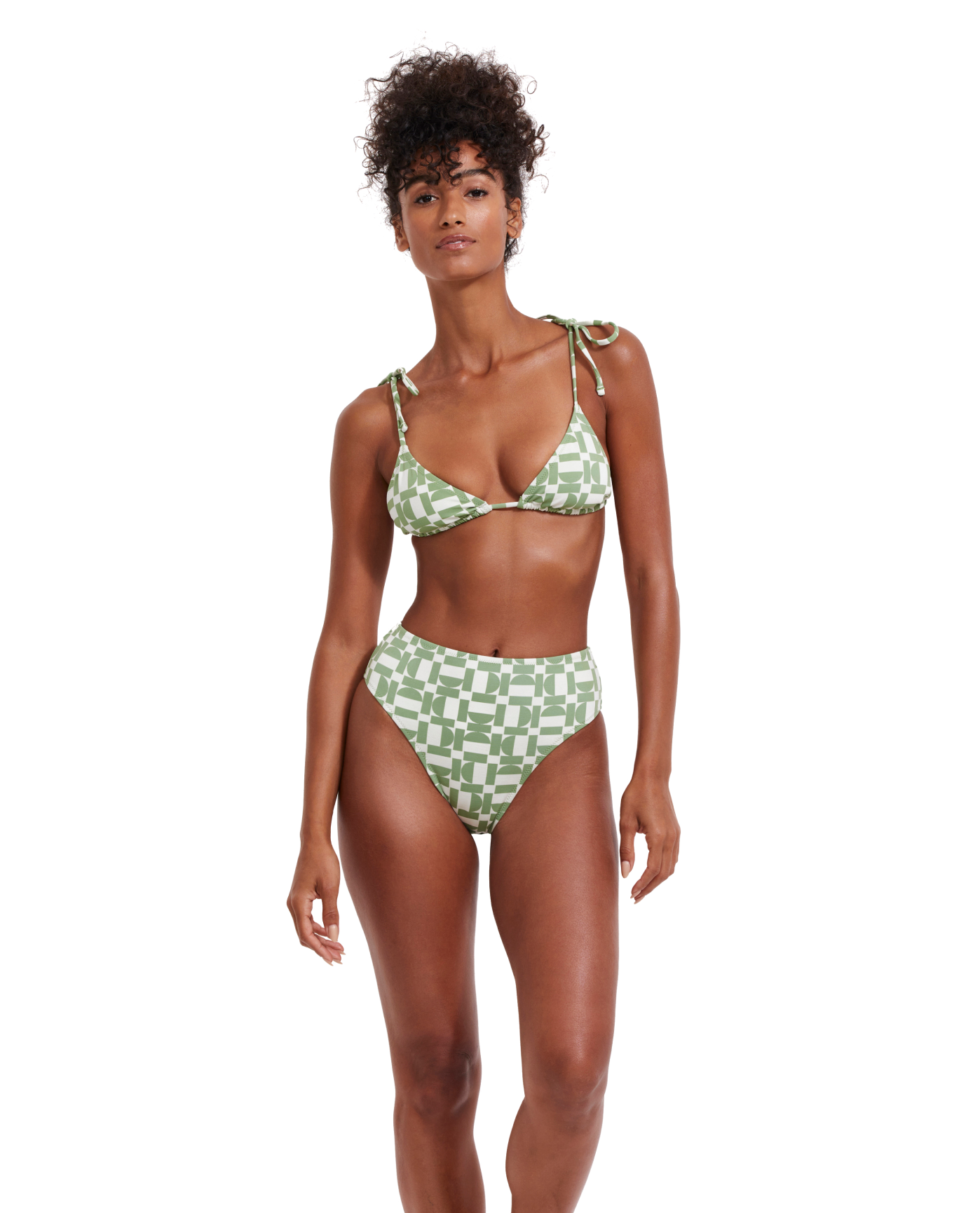 Front View Of Flirtt Let's Geo Triangle Bikini Top | Flirtt Lets Geo Multi Green