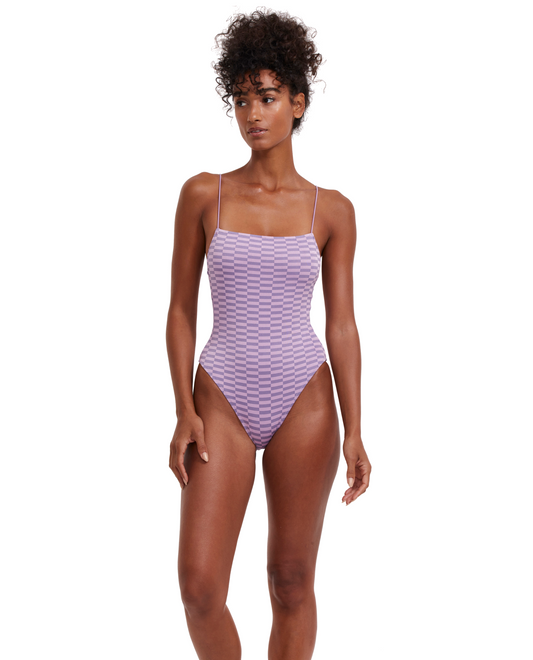 Front View Of Flirtt Check It Out Open Back One Piece | Flirtt Check It Out Multi Purple