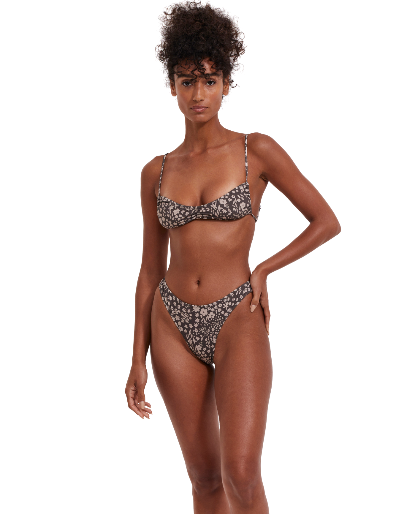 Front View Of Flirtt Bella Flora V Neck Bralette Bikini Top | Flirtt Bella Flora Multi Brown