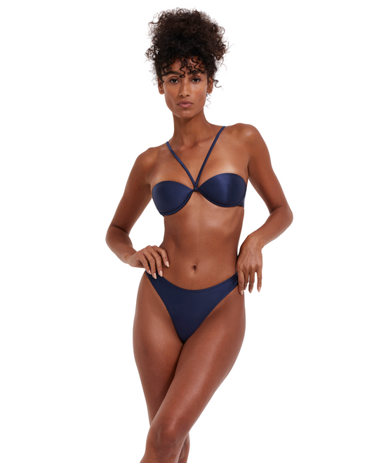 Front View Of Flirtt Satin Touch Molded Cups Halter Bikini Top | Flirtt Satin Touch Navy