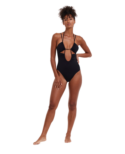 Front View Of Flirtt Solid Deep Plunge Cut Out Halter One Piece | Flirtt Solid Black