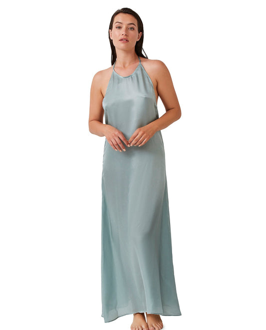 Front View Of Luma High Neck Long Dress Cover Up | LUMA DUSK GREEN