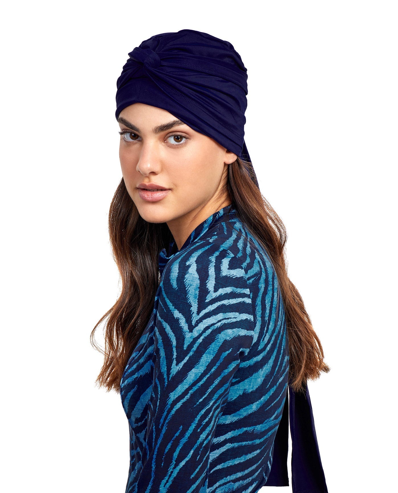 Front View Of Gottex Modest Hair Covering With Tie | GOTTEX MODEST ADMIRAL BLUE