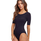 Side View View Of Gottex Modest Round Neck Short Sleeve One Piece Swimsuit | GOTTEX MODEST BLACK