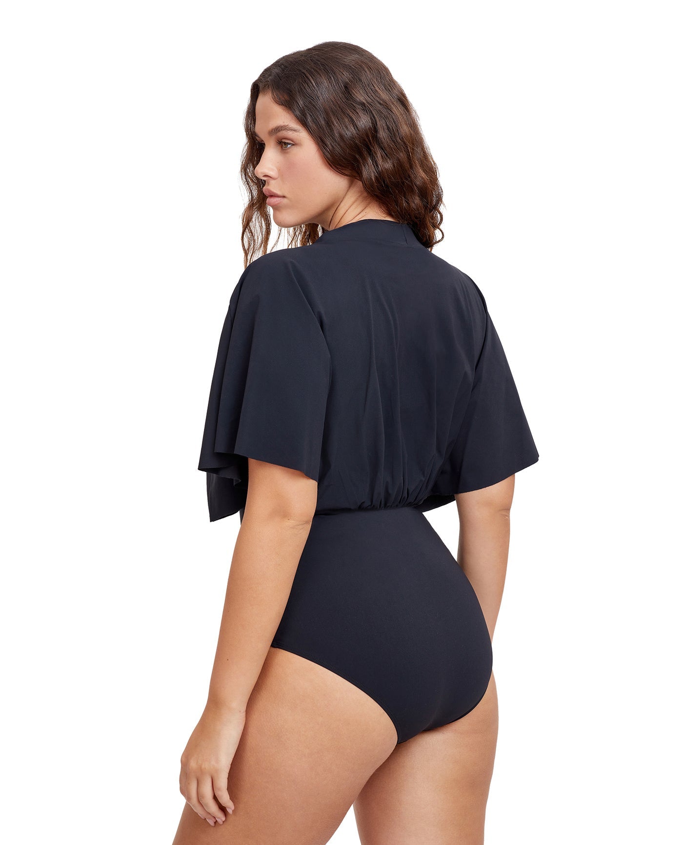 Back View Of Gottex Modest V-Neck Wide Sleeve One Piece Swimsuit | GOTTEX MODEST BLACK