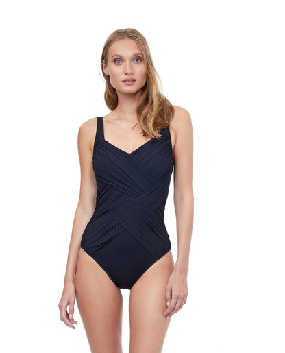 Front View Of Gottex Contour Lattice Square Neck One Piece Swimsuit | Gottex Lattice Black