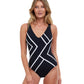 Front View Of Gottex Essentials Full Coverage Mirage V-Neck One Piece Swimsuit | Gottex Mirage Black And White