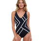 Front View Of Gottex Essentials Full Coverage Mirage V-Neck One Piece Swimsuit | Gottex Mirage Black And White