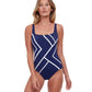 Front View Of Gottex Essentials Mirage Full Coverage Square Neck One Piece Swimsuit | Gottex Mirage Navy And White