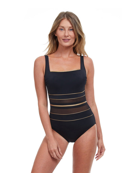 Front View Of Gottex Essentials Onyx Square Neck One Piece Swimsuit | Gottex Onyx Black And Gold