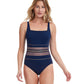 Front View Of Gottex Essentials Onyx Square Neck One Piece Swimsuit | Gottex Onyx Navy And Gold