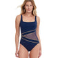 Front View Of Gottex Essentials Onyx Full Coverage Square Neck One Piece Swimsuit | Gottex Onyx Navy And Gold