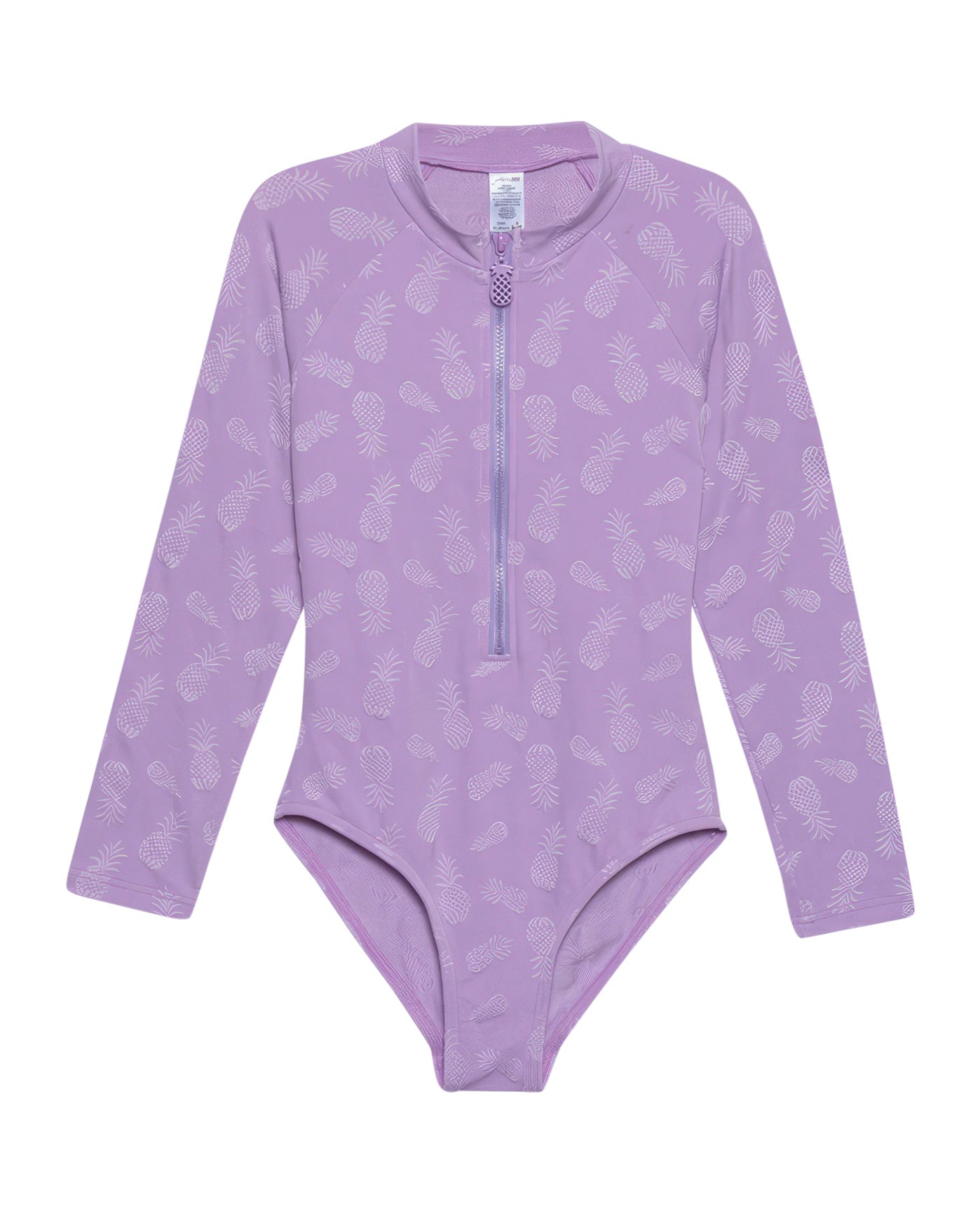 Front View Of Gottex Kids Pineapple Long Sleeve Zip Up Rash Guard One Piece Swimsuit | GOTTEX KIDS PINEAPPLE PURPLE