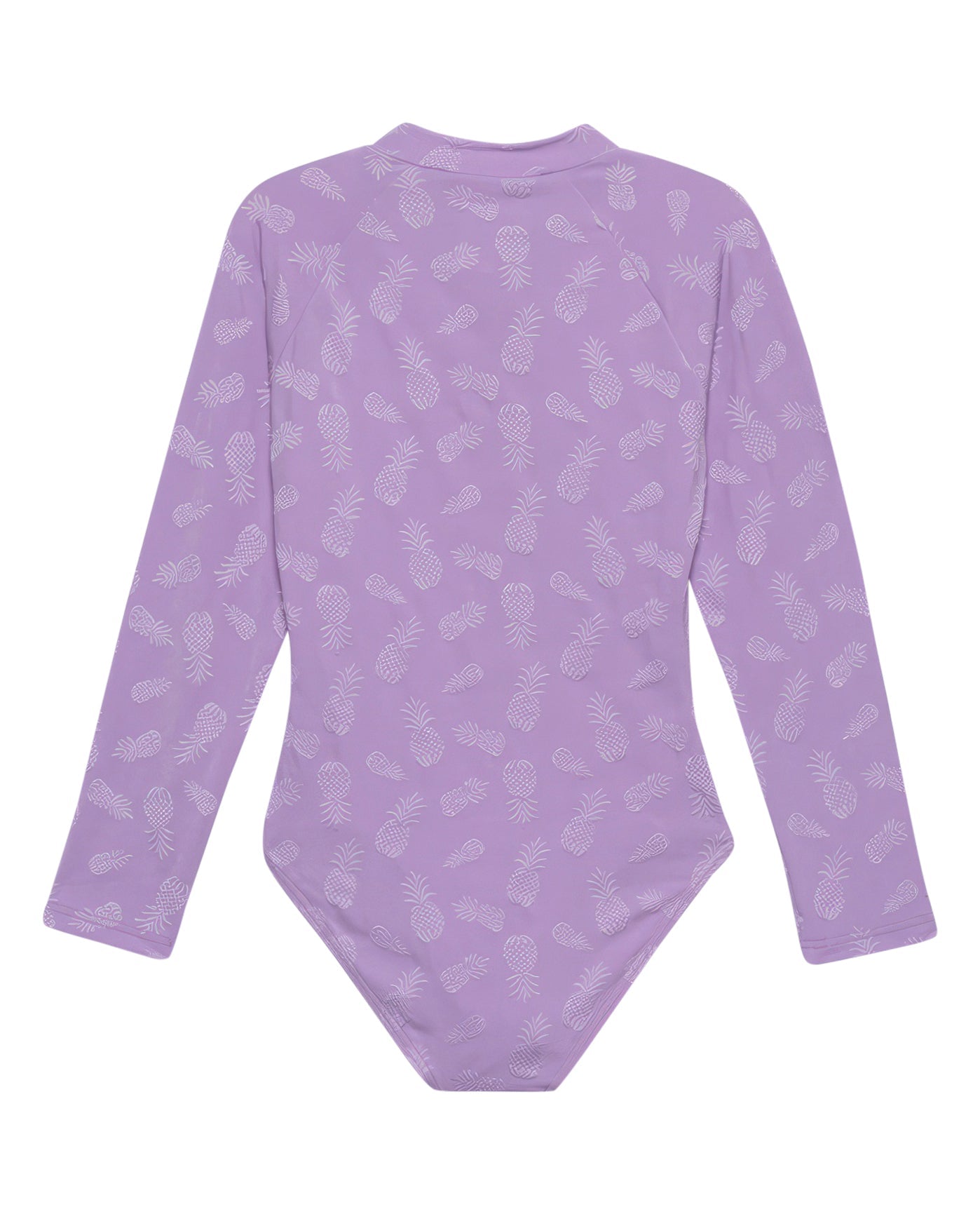 Back View Of Gottex Kids Pineapple Long Sleeve Zip Up Rash Guard One Piece Swimsuit | GOTTEX KIDS PINEAPPLE PURPLE