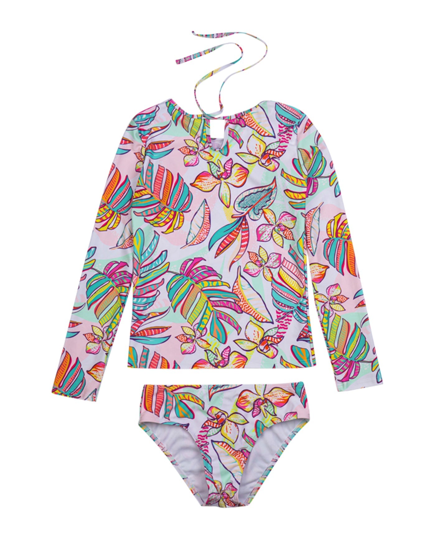 Front View Of Gottex Kids Palm Island Long Sleeve Rash Guard Top And Bikini Bottom | GOTTEX KIDS PALM ISLAND