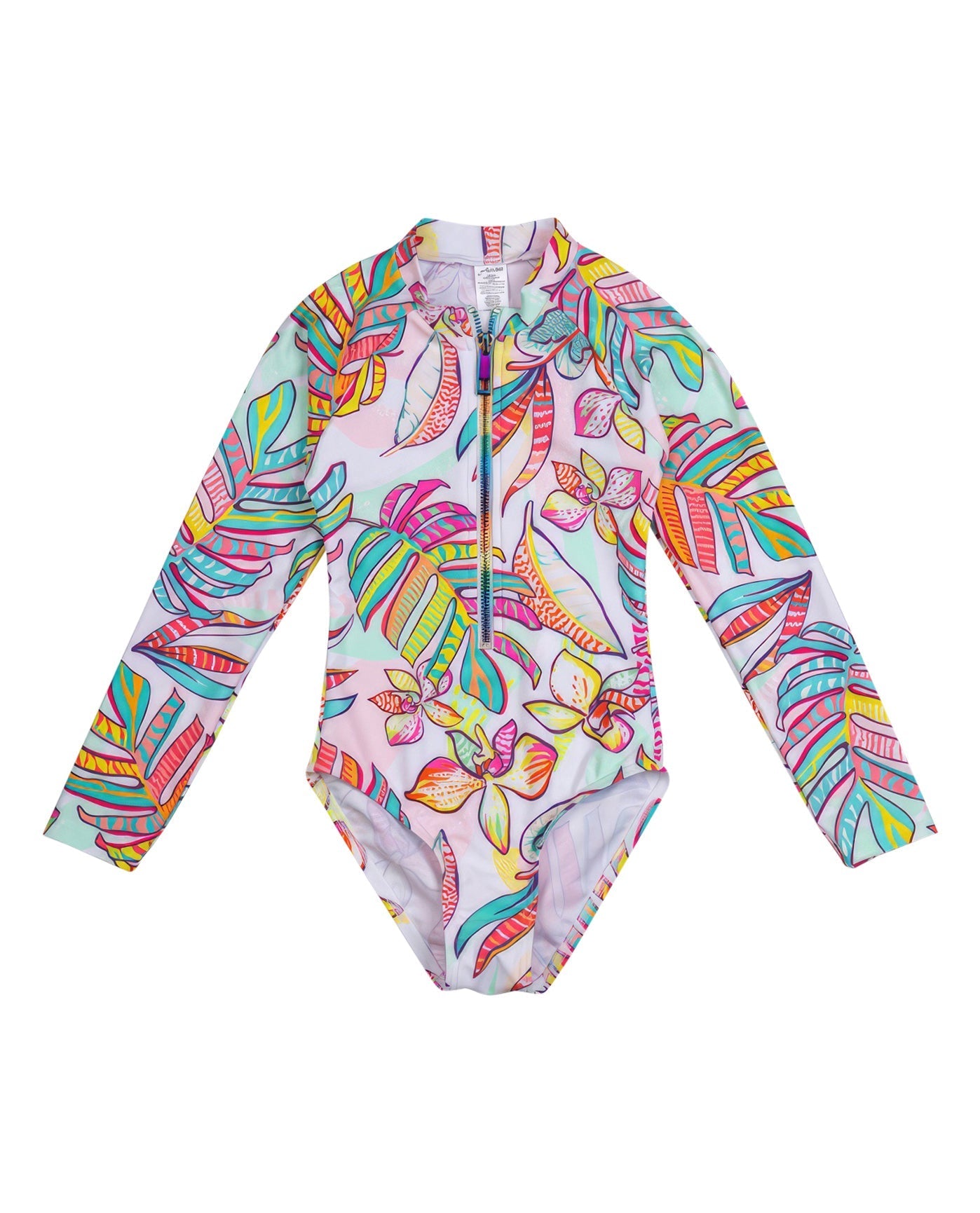 Front View Of Gottex Kids Palm Island Long Sleeve Zip Up Rash Guard One Piece Swimsuit | GOTTEX KIDS PALM ISLAND