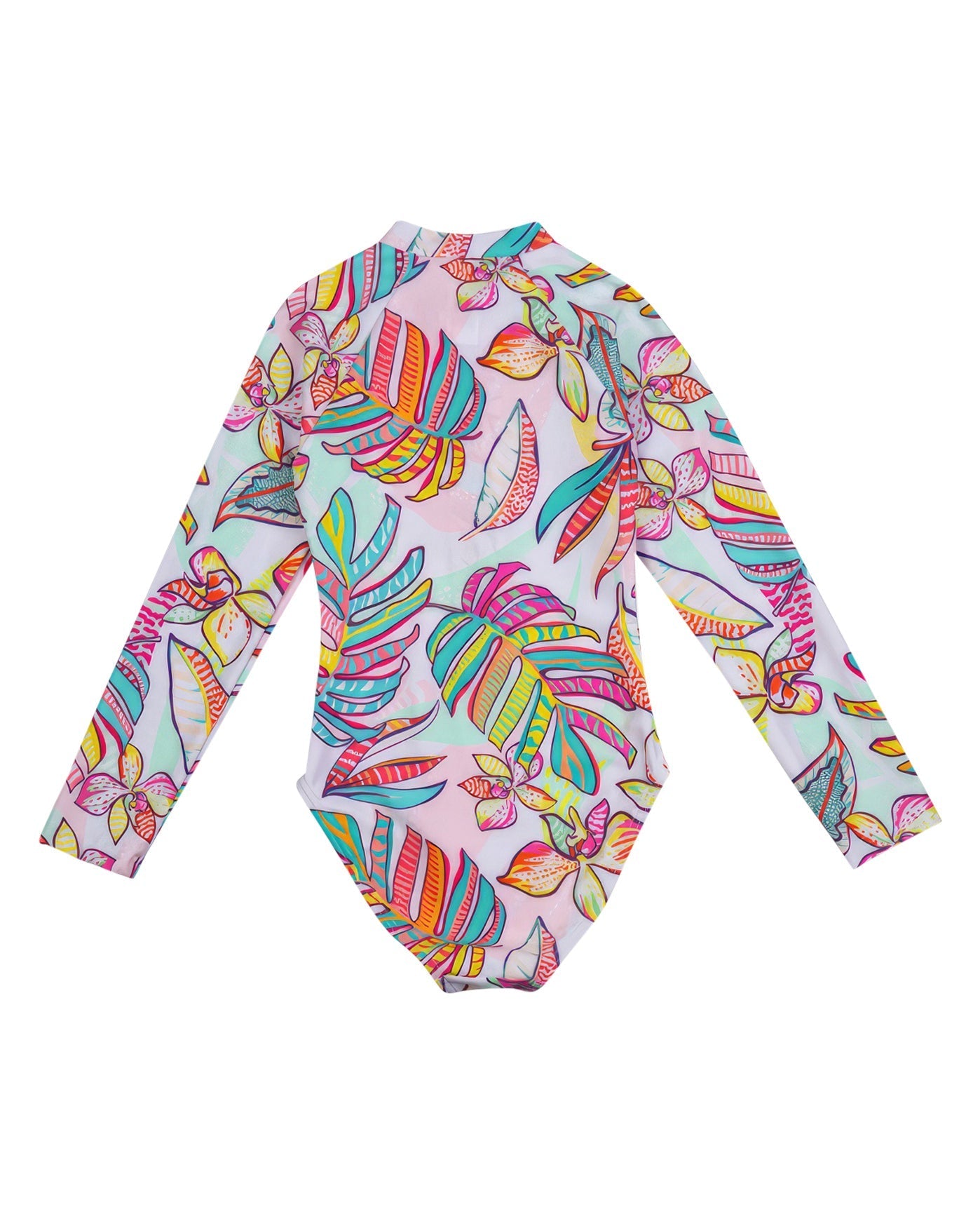 Back View Of Gottex Kids Palm Island Long Sleeve Zip Up Rash Guard One Piece Swimsuit | GOTTEX KIDS PALM ISLAND