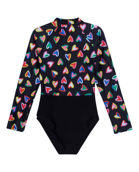 Back View Of Gottex Kids Hearts Long Sleeve Zip Up Rash Guard One Piece Swimsuit | GOTTEX KIDS HEARTS