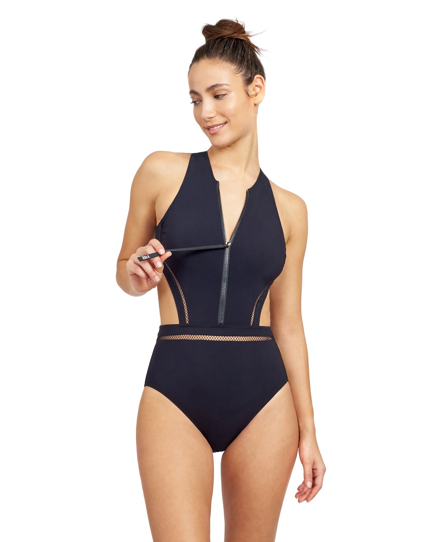 Alternate Front View Of Free Sport Champion High Neck Cutout Crisscross Back One Piece Swimsuit | FREE SPORT CHAMPION BLACK