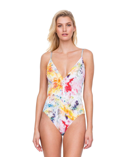 Front View Of Gottex Aquarelle Plunge Zip Front Strappy Back One Piece Swimsuit | Gottex Aquarelle Yellow