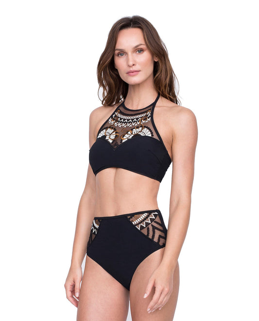Front View Of Gottex Cleopatra Queen Of Egypt Mesh Embroidered High Neck Velvet Bikini Top And Bottom Set | Gottex Cleopatra