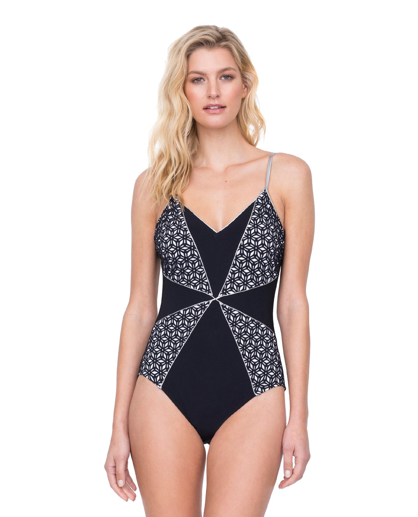 Front View Of Gottex Prism Full Coverage V-Neck Lingerie High Back One Piece Swimsuit | Gottex Prism