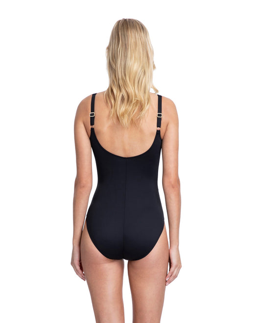 Back View Of Gottex Collection Bardot Full Coverage Square Neck High Back One Piece Swimsuit | Gottex Bardot Black