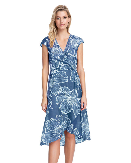Front View Of Gottex Collection Lily Tie Front Long Surplice Wrap Cover Up Dress | Gottex Lily Dusk Blue