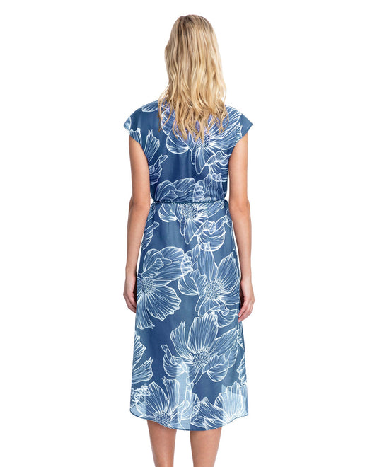 Back View Of Gottex Collection Lily Tie Front Long Surplice Wrap Cover Up Dress | Gottex Lily Dusk Blue