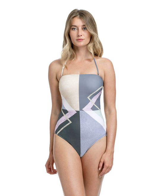 Front View Of Gottex Collection Modern Art Blue Bandeau Strapless One Piece Swimsuit | Gottex Modern Art Grey