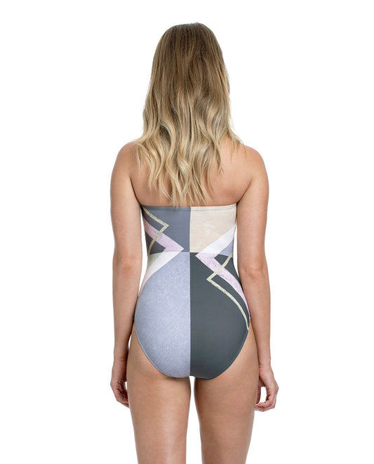 Back View Of Gottex Collection Modern Art Blue Bandeau Strapless One Piece Swimsuit | Gottex Modern Art Grey