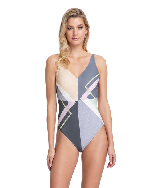 Front View Of Gottex Collection Modern Art V-Neck One Piece Swimsuit | Gottex Modern Art Grey