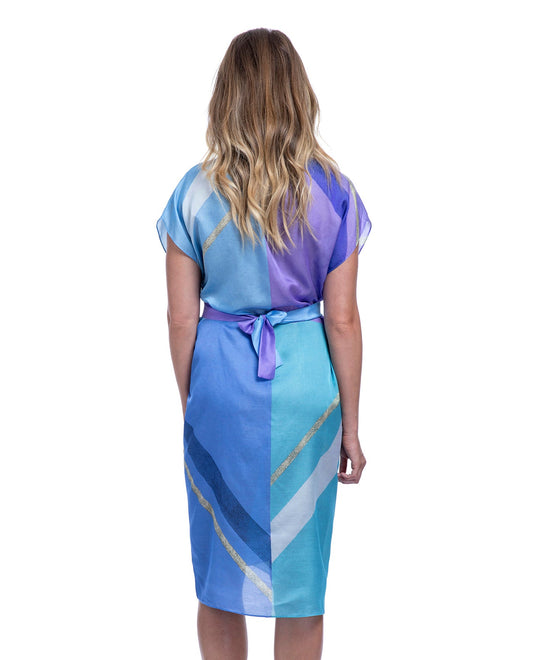 Back View Of Gottex Collection Modern Art Belted Kimono Cover Up | Gottex Modern Art Blue