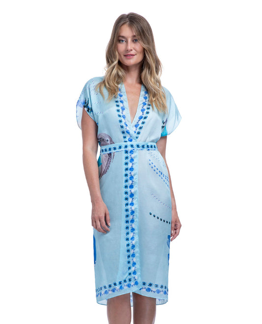Front View Of Gottex Collection Paradise Blue Kimono With Belt | Gottex Paradise Blue