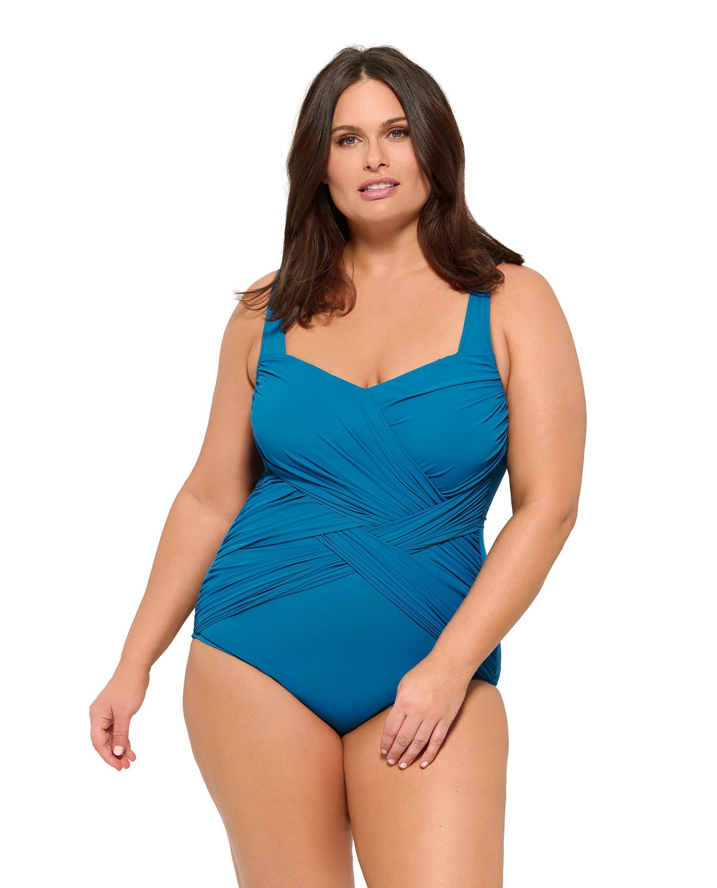 Front View Of Gottex Braided Elegance Plus Size Shaped Square Neck One Piece Swimsuit | Gottex Braided Elegance
