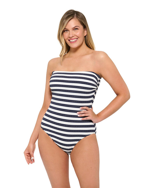 Front View Of Gottex Chic Nautique Dd-Cup Bandeau One Piece Swimsuit | Gottex Chic Nautique Navy And White