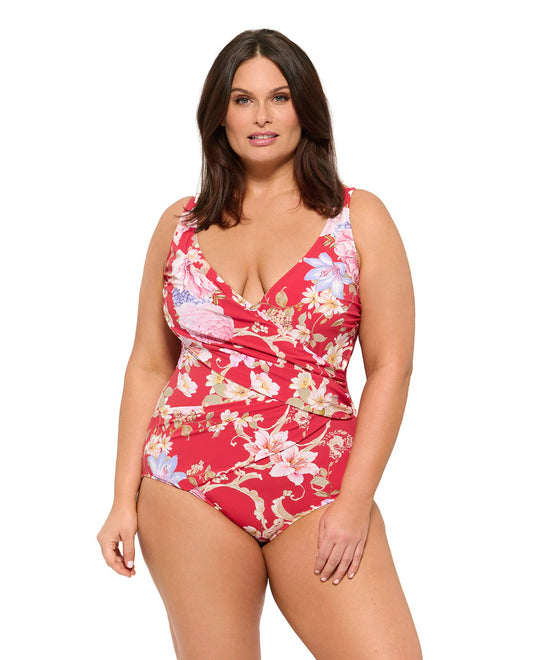 Front View Of Gottex Hitachi Plus Size Surplice V-Neck Swimsuit | Gottex Hitachi Red