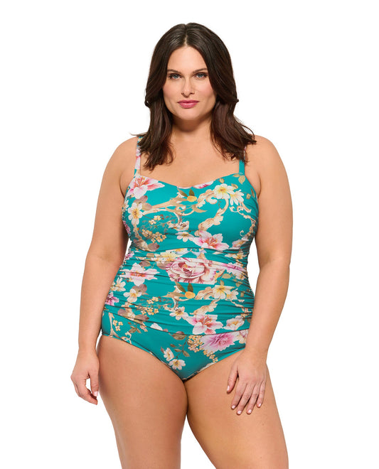 Front View Of Gottex Hitachi Plus Size Scoop Neck Shirred Underwire One Piece Swimsuit | Gottex Hitachi Light Turquoise
