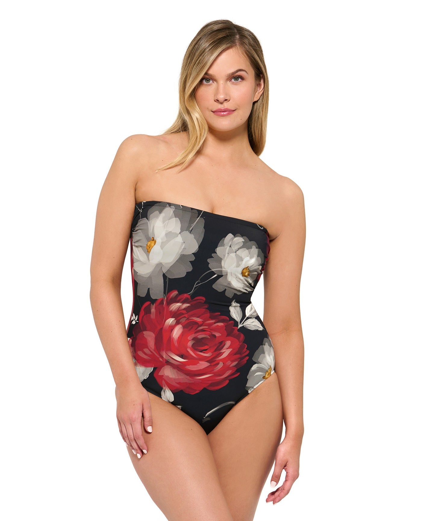 Front View Of Gottex Roses Are Red Dd-Cup Bandeau One Piece Swimsuit | Gottex Roses Are Red Floral