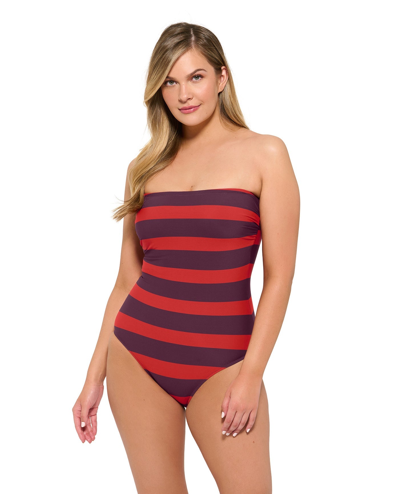 Front View Of Gottex Roses Are Red Dd-Cup Bandeau One Piece Swimsuit | Gottex Roses Are Red Stripes