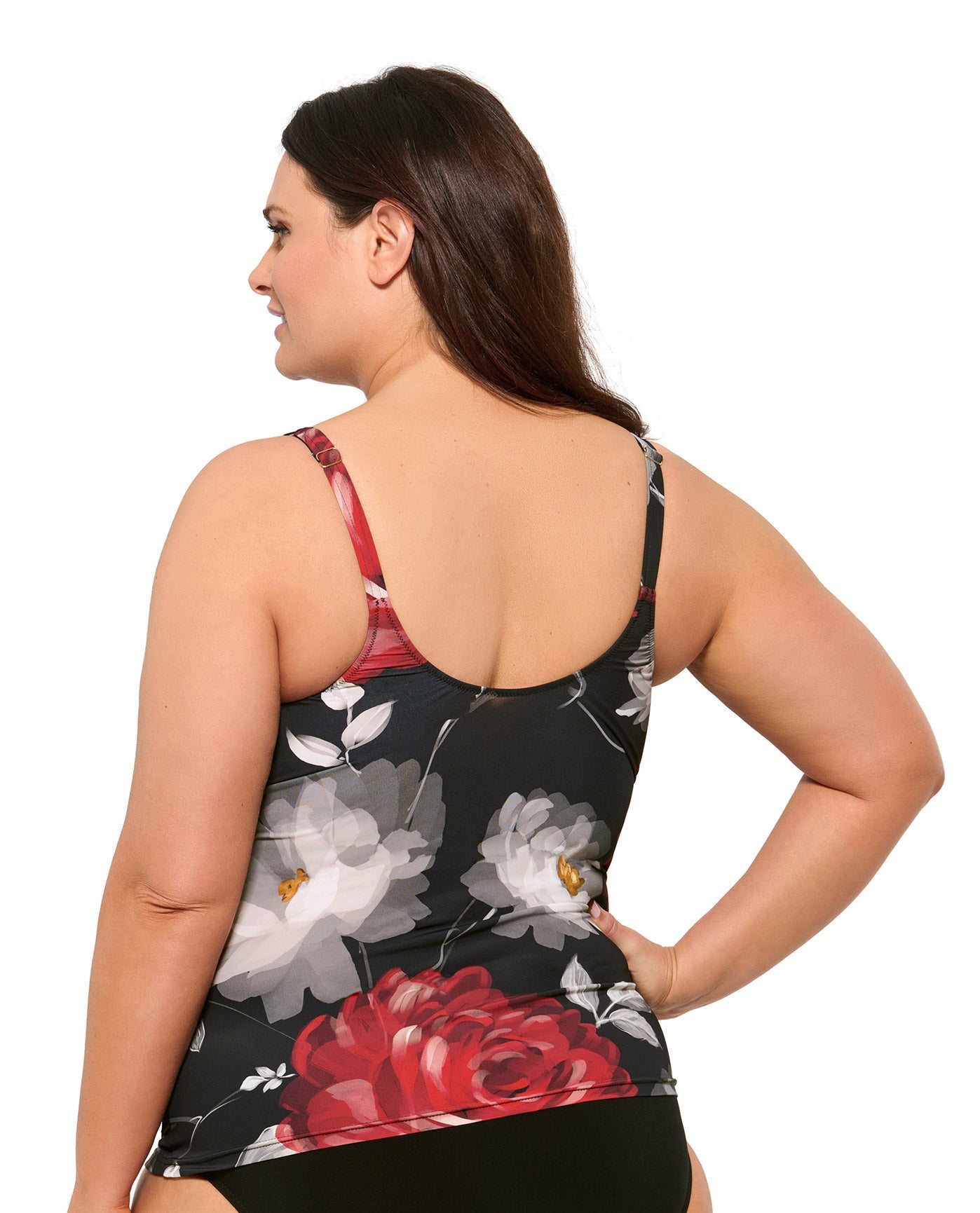 Back View Of Gottex Roses Are Red Plus Size V-Neck Tankini Top | Gottex Roses Are Red Floral