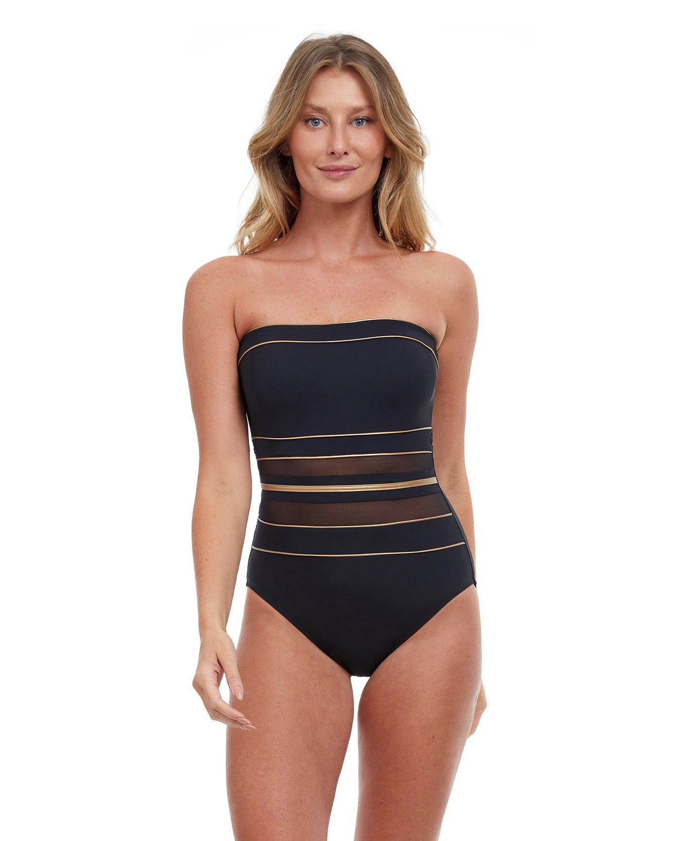 Front View Of Gottex Essentials Onyx Bandeau One Piece Swimsuit | Gottex Onyx Black And Gold