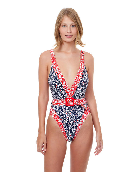 Front View Of Luma Shimmering Daisies V-Neck High Leg One Piece Swimsuit | LUMA SHIMMERING DAISIES NAVY AND RED