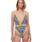 Front View Of Luma Shimmering Daisies V-Neck High Leg One Piece Swimsuit | LUMA SHIMMERING DAISIES NAVY AND GOLD