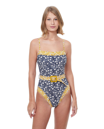Front View Of Luma Shimmering Daisies Square Neck Underwire One Piece Swimsuit | LUMA SHIMMERING DAISIES NAVY AND GOLD