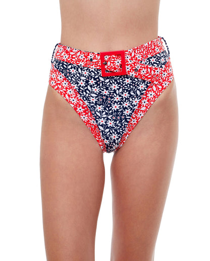 Front View Of Luma Shimmering Daisies High Waist Bikini Bottom | LUMA SHIMMERING DAISIES NAVY AND RED