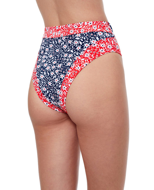 Back View Of Luma Shimmering Daisies High Waist Bikini Bottom | LUMA SHIMMERING DAISIES NAVY AND RED
