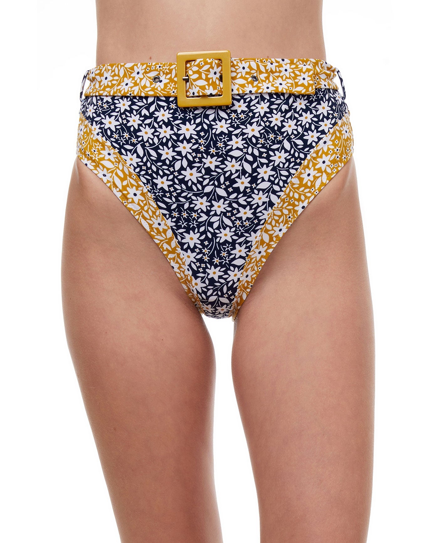 Front View Of Luma Shimmering Daisies High Waist Bikini Bottom | LUMA SHIMMERING DAISIES NAVY AND GOLD