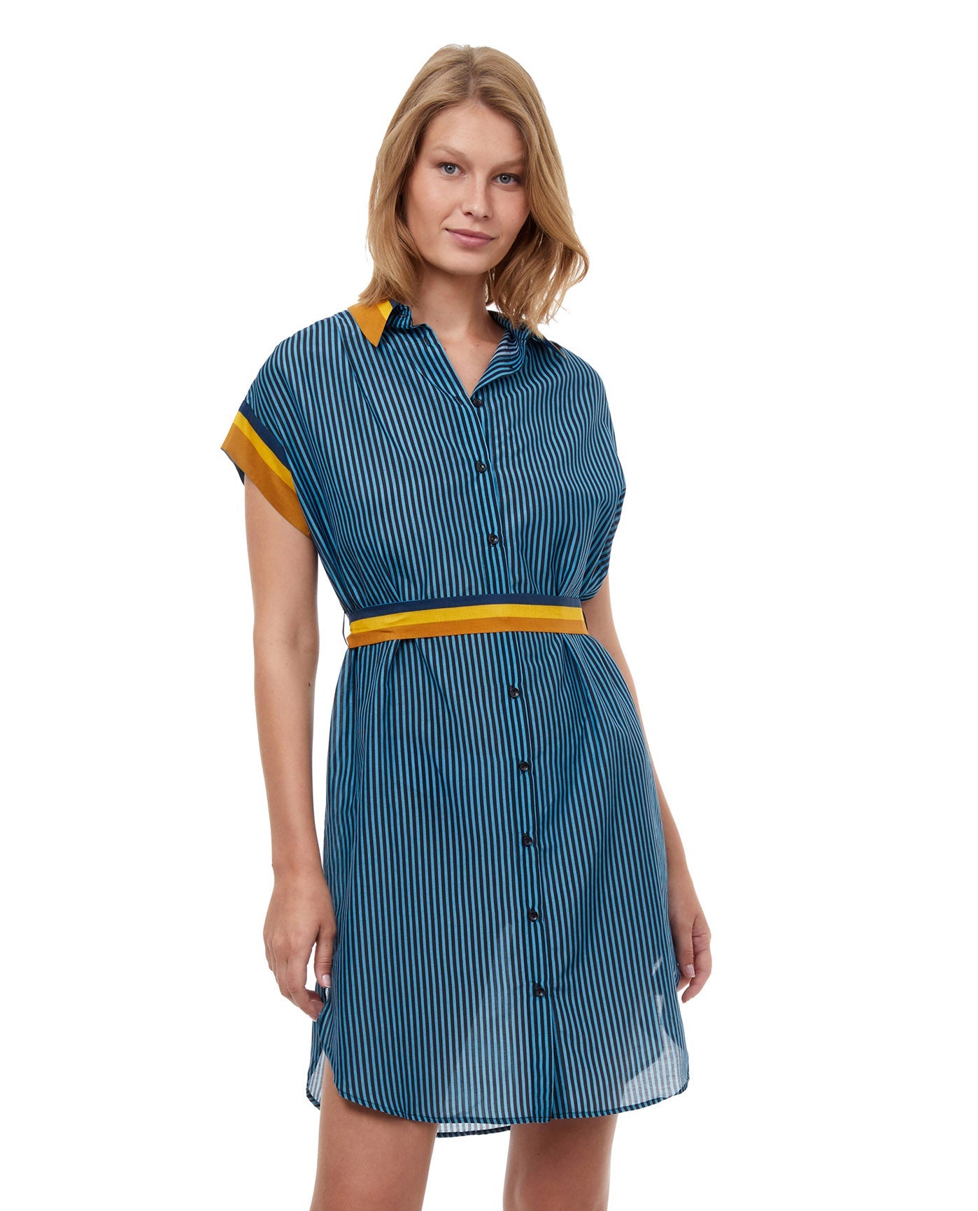 Front View Of Luma Stripes Of Light Cover Up Shirt Dress With Tie | LUMA STRIPES OF LIGHT BLUE