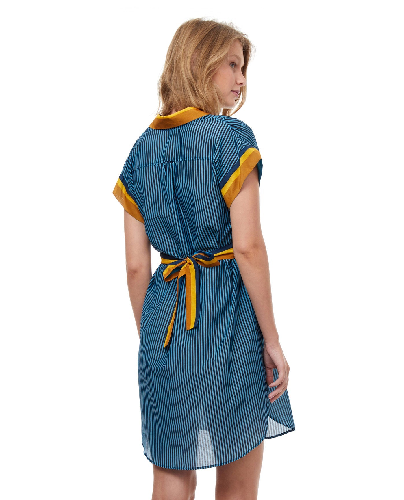 Back View Of Luma Stripes Of Light Cover Up Shirt Dress With Tie | LUMA STRIPES OF LIGHT BLUE